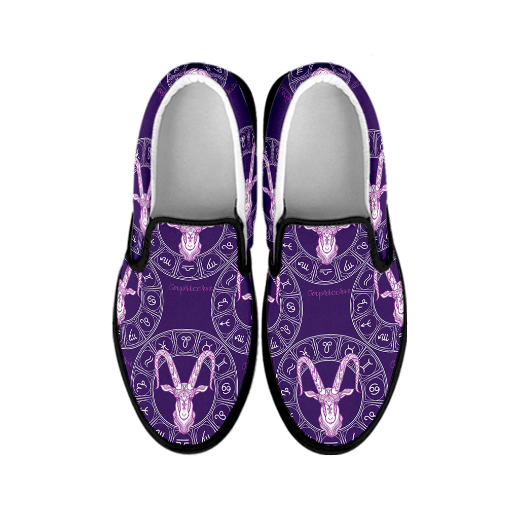 Purple Capricorn Zodiac Pattern Print Black Slip On Shoes