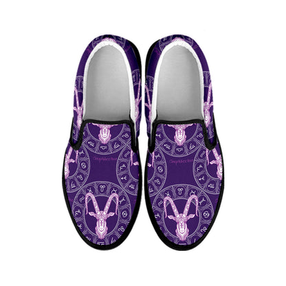 Purple Capricorn Zodiac Pattern Print Black Slip On Shoes