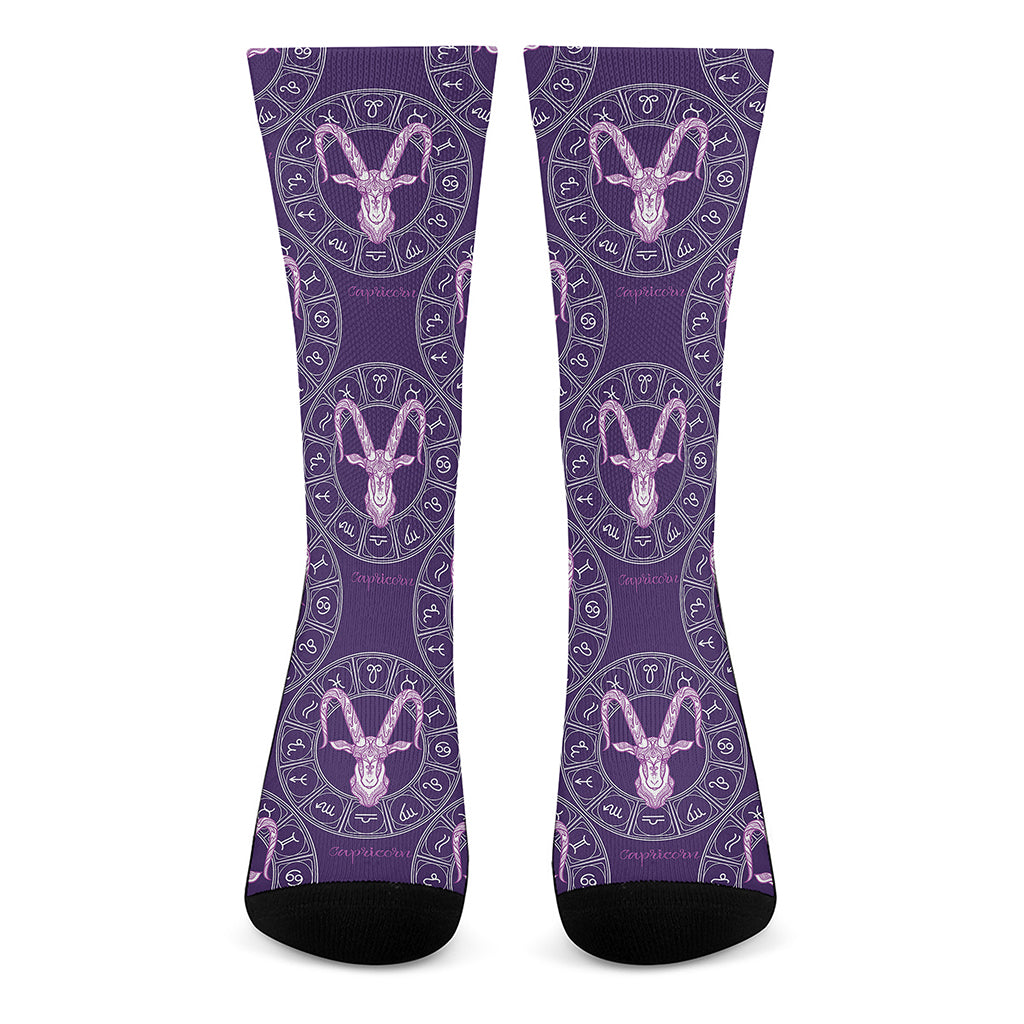 Purple Capricorn Zodiac Pattern Print Crew Socks