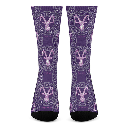 Purple Capricorn Zodiac Pattern Print Crew Socks