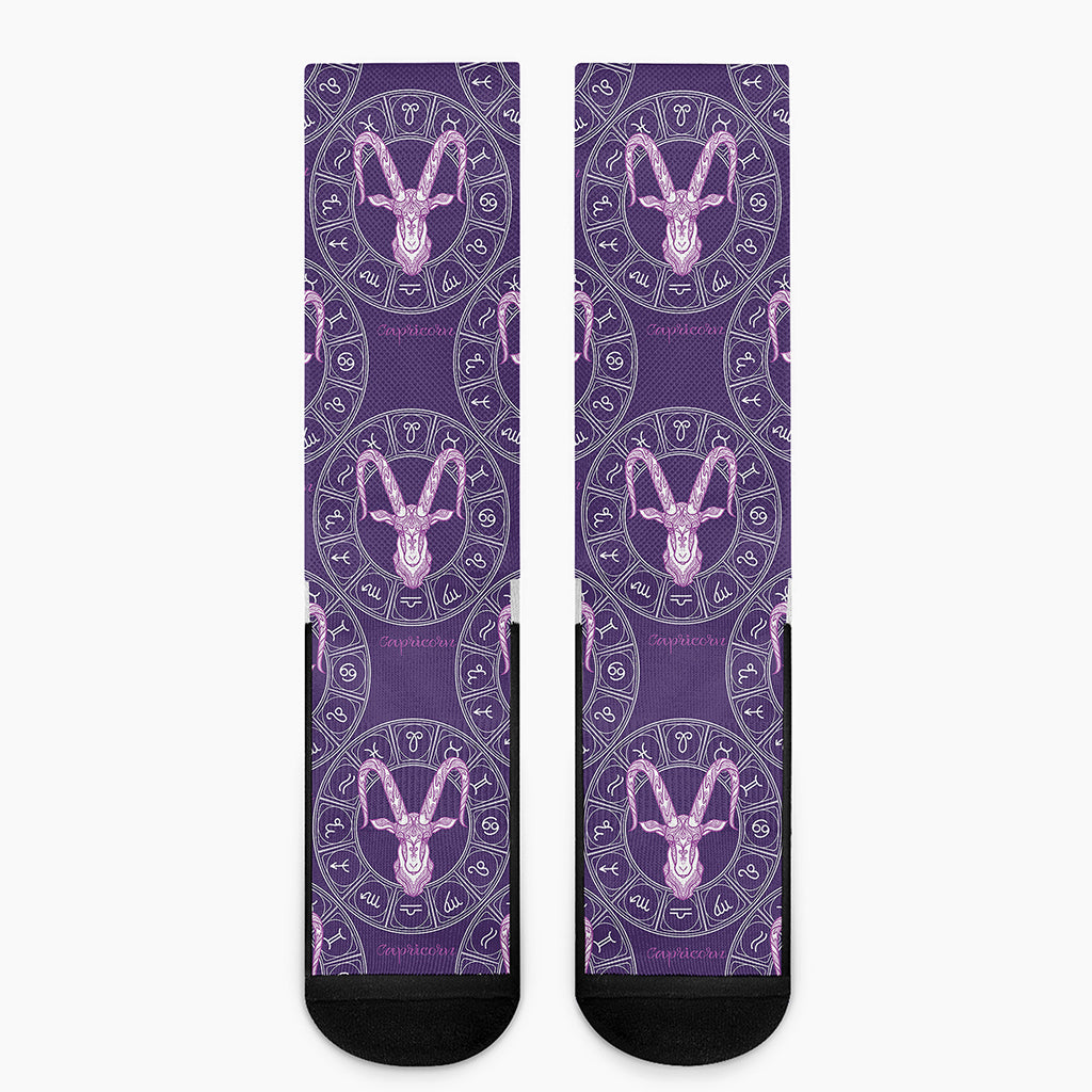 Purple Capricorn Zodiac Pattern Print Crew Socks