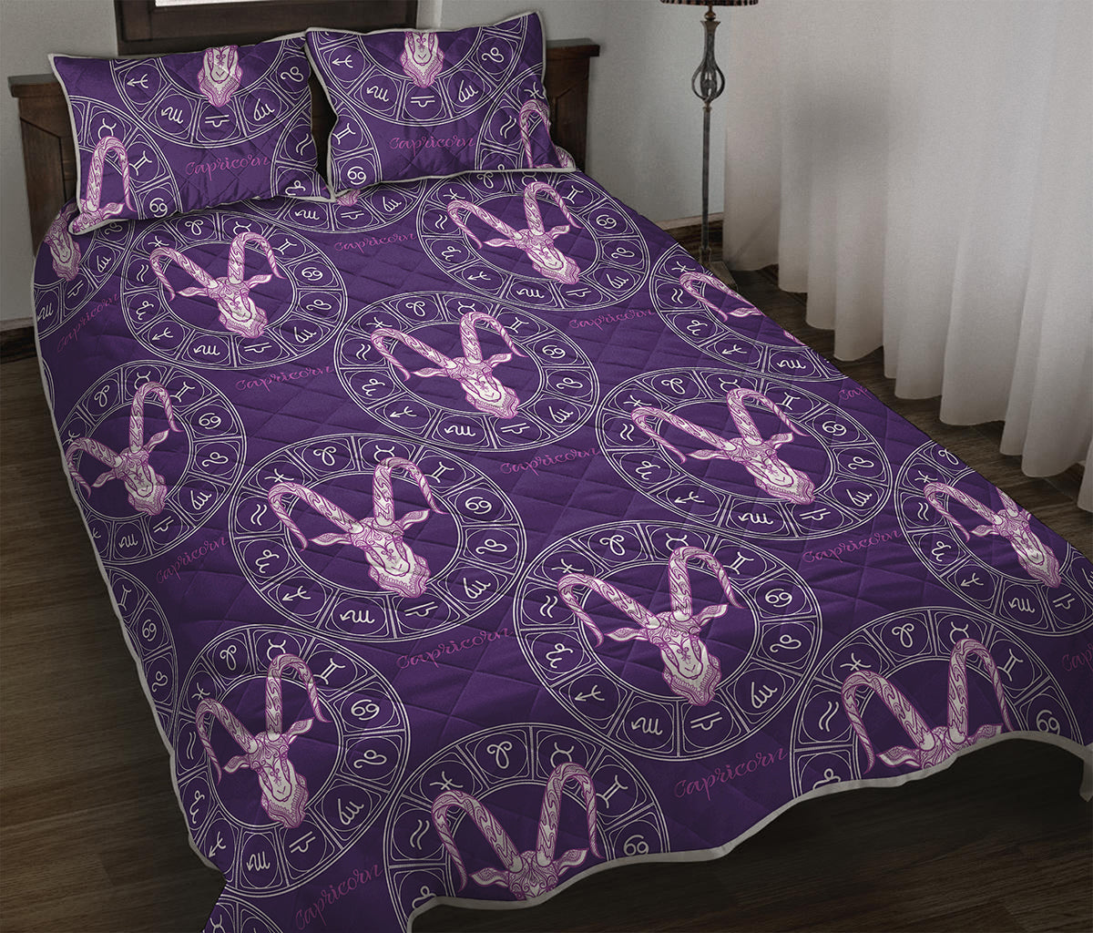 Purple Capricorn Zodiac Pattern Print Quilt Bed Set