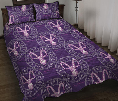 Purple Capricorn Zodiac Pattern Print Quilt Bed Set