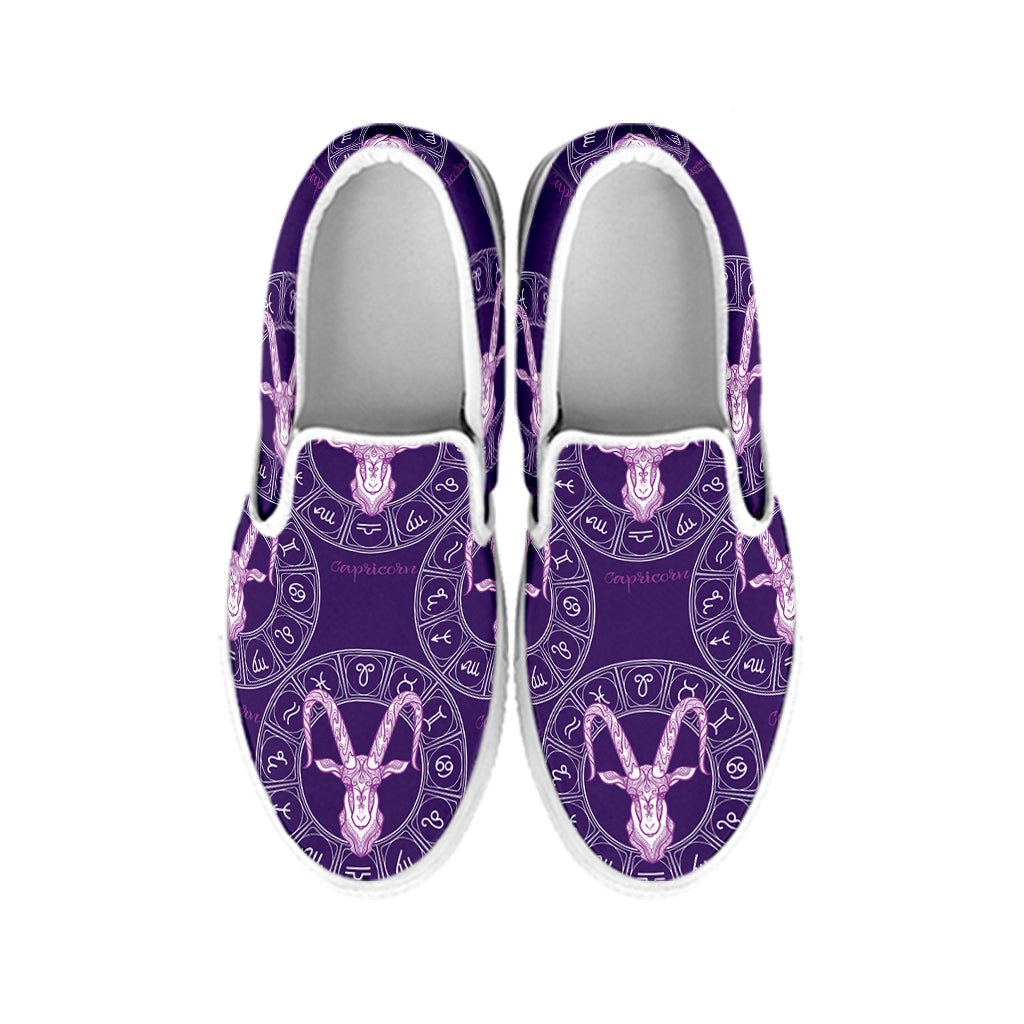 Purple Capricorn Zodiac Pattern Print White Slip On Shoes