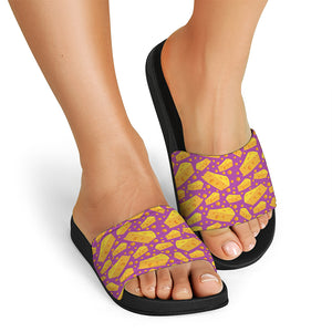 Purple Cheese And Holes Pattern Print Black Slide Sandals