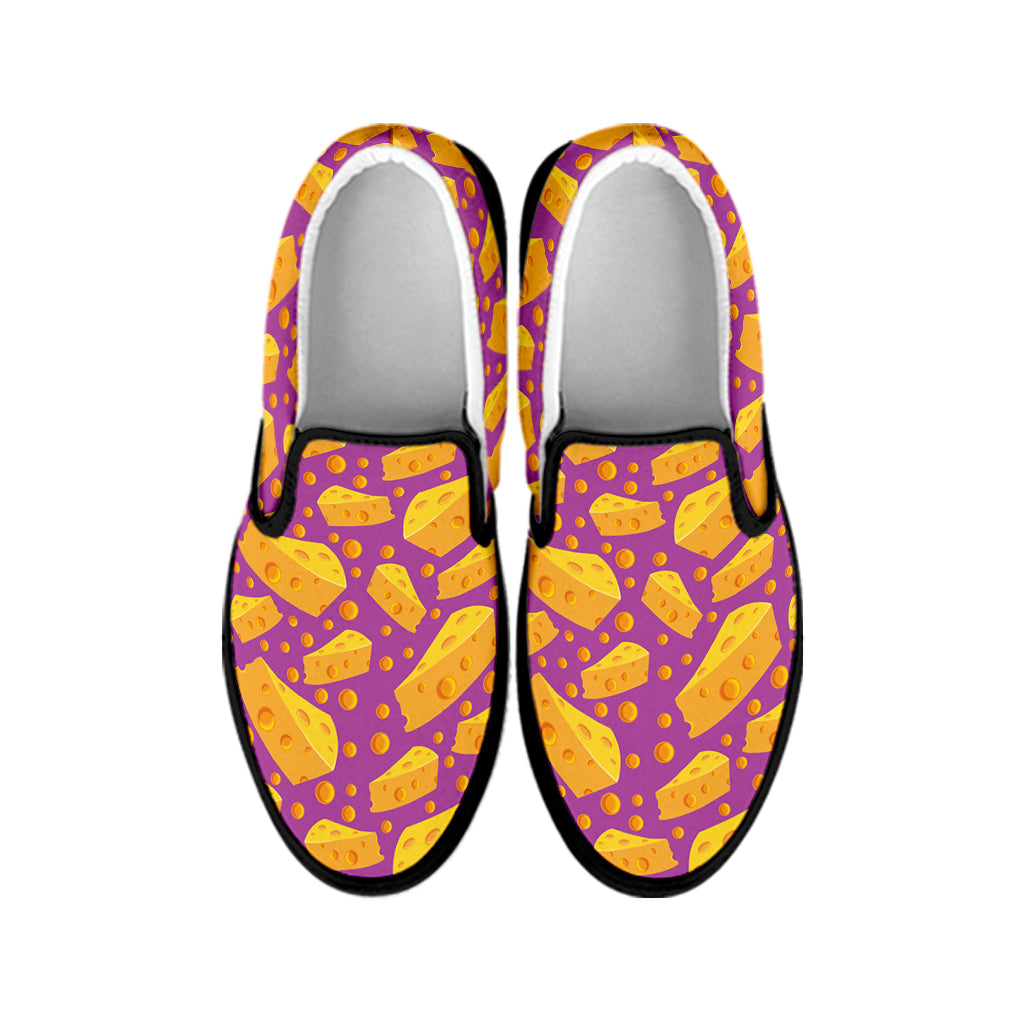 Purple Cheese And Holes Pattern Print Black Slip On Shoes