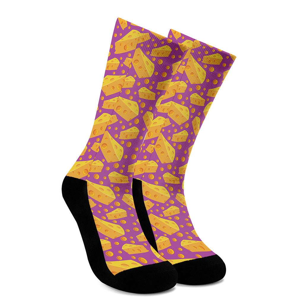 Purple Cheese And Holes Pattern Print Crew Socks