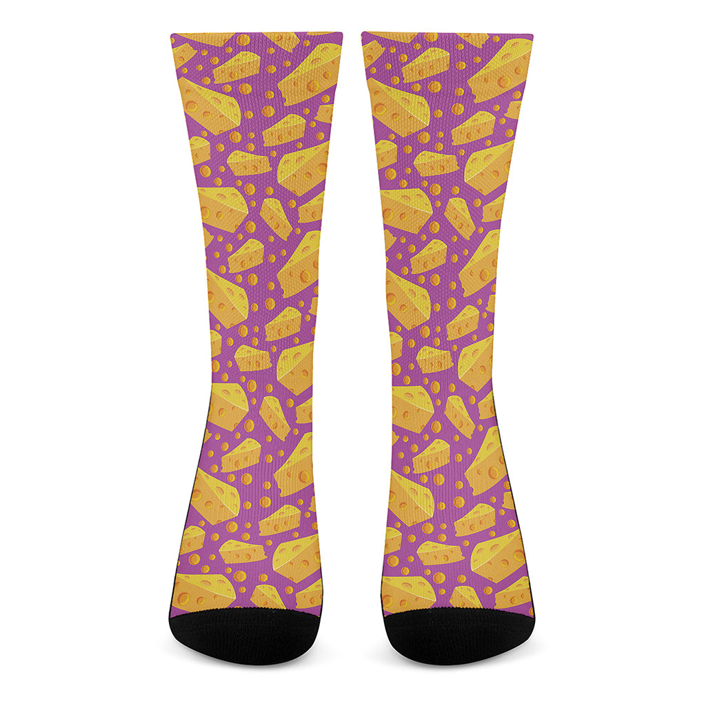 Purple Cheese And Holes Pattern Print Crew Socks