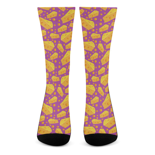 Purple Cheese And Holes Pattern Print Crew Socks