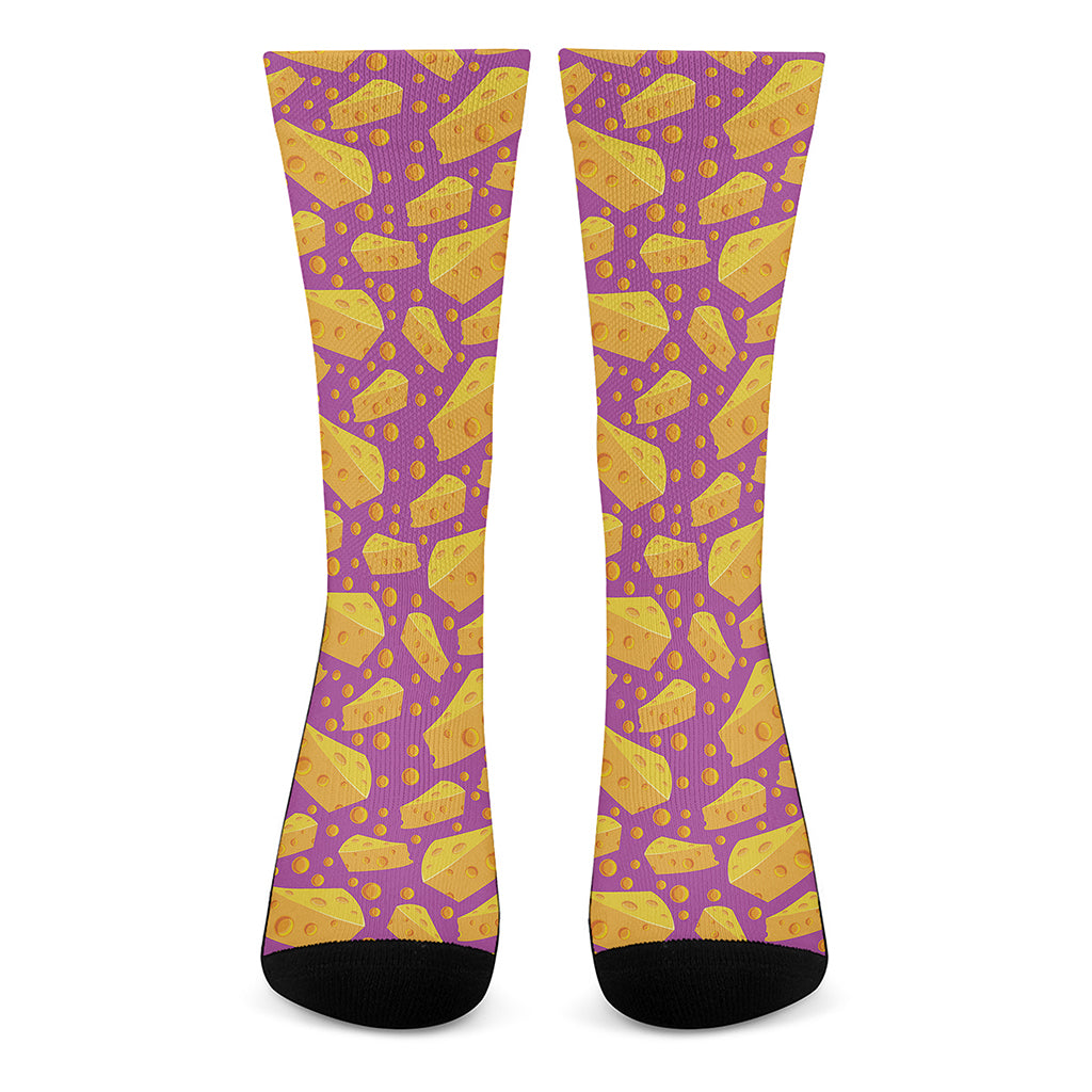 Purple Cheese And Holes Pattern Print Crew Socks