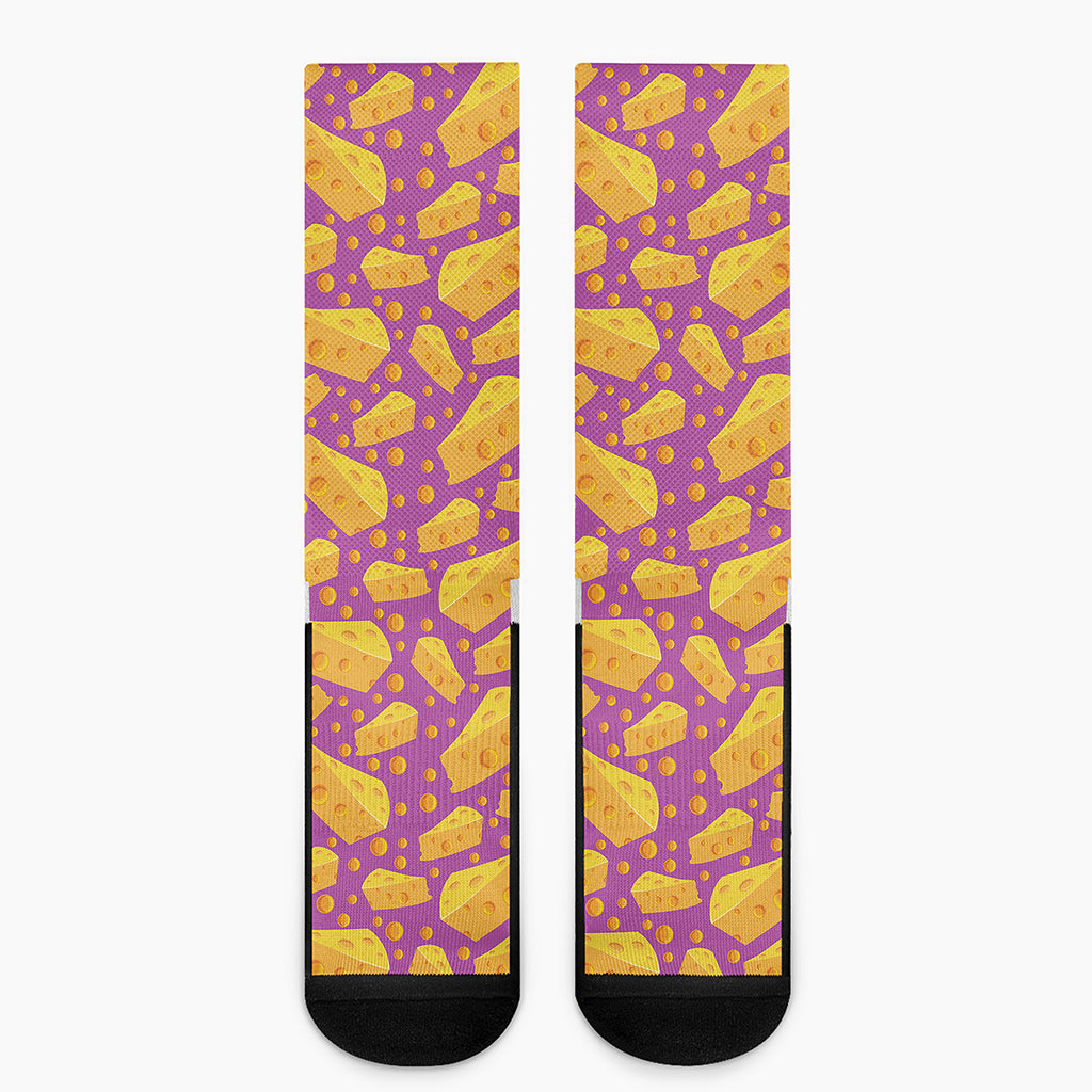 Purple Cheese And Holes Pattern Print Crew Socks