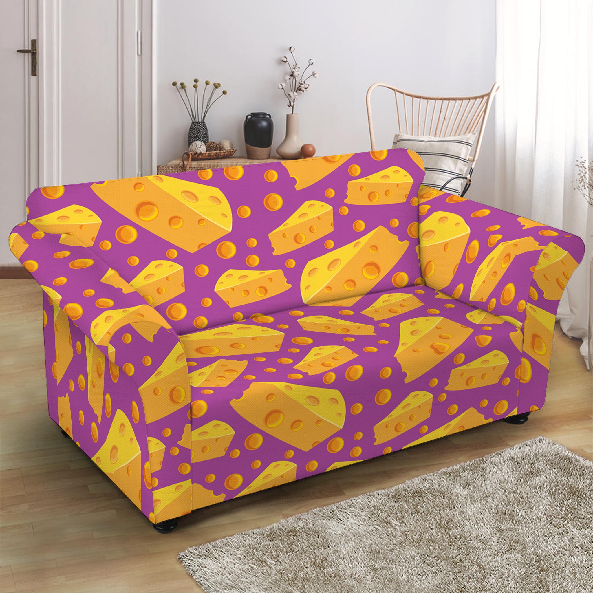 Purple Cheese And Holes Pattern Print Loveseat Slipcover