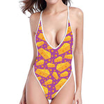 Purple Cheese And Holes Pattern Print One Piece High Cut Swimsuit