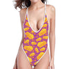 Purple Cheese And Holes Pattern Print One Piece High Cut Swimsuit