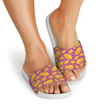 Purple Cheese And Holes Pattern Print White Slide Sandals