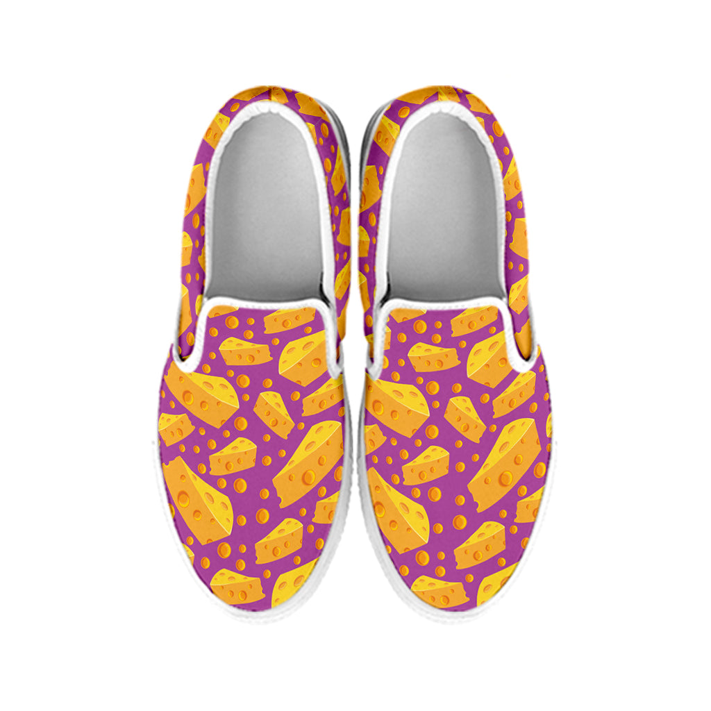 Purple Cheese And Holes Pattern Print White Slip On Shoes