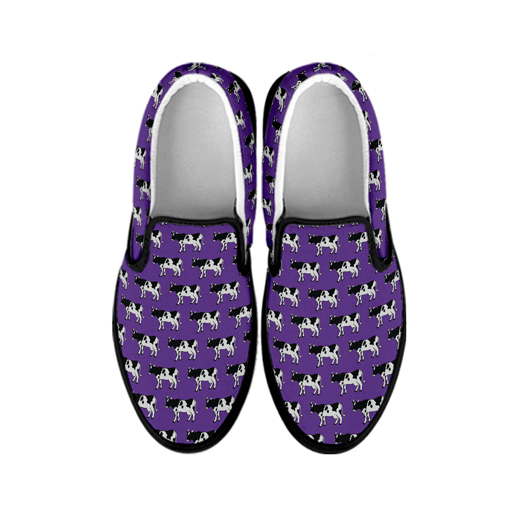 Purple Cow Pattern Print Black Slip On Shoes