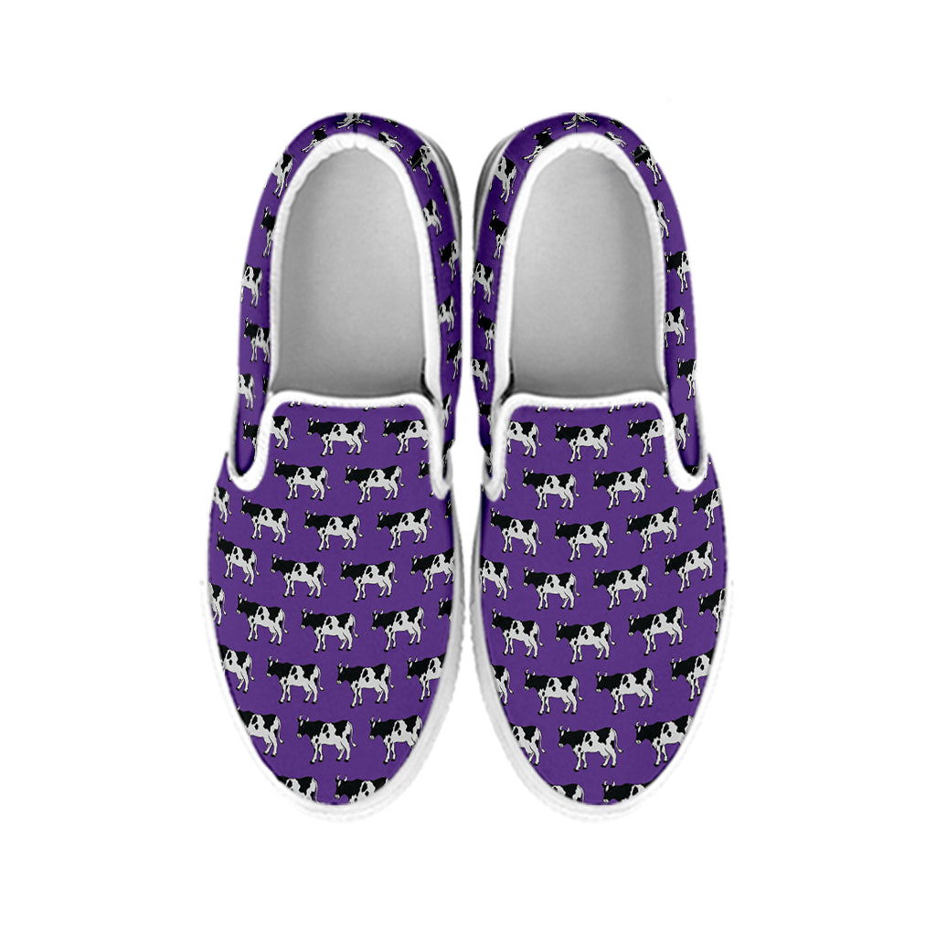 Purple Cow Pattern Print White Slip On Shoes