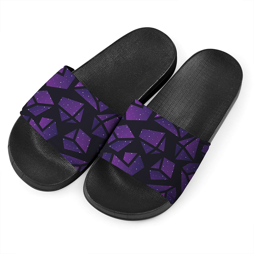 Purple Crystal Cosmic Galaxy Space Print Black Slide Sandals