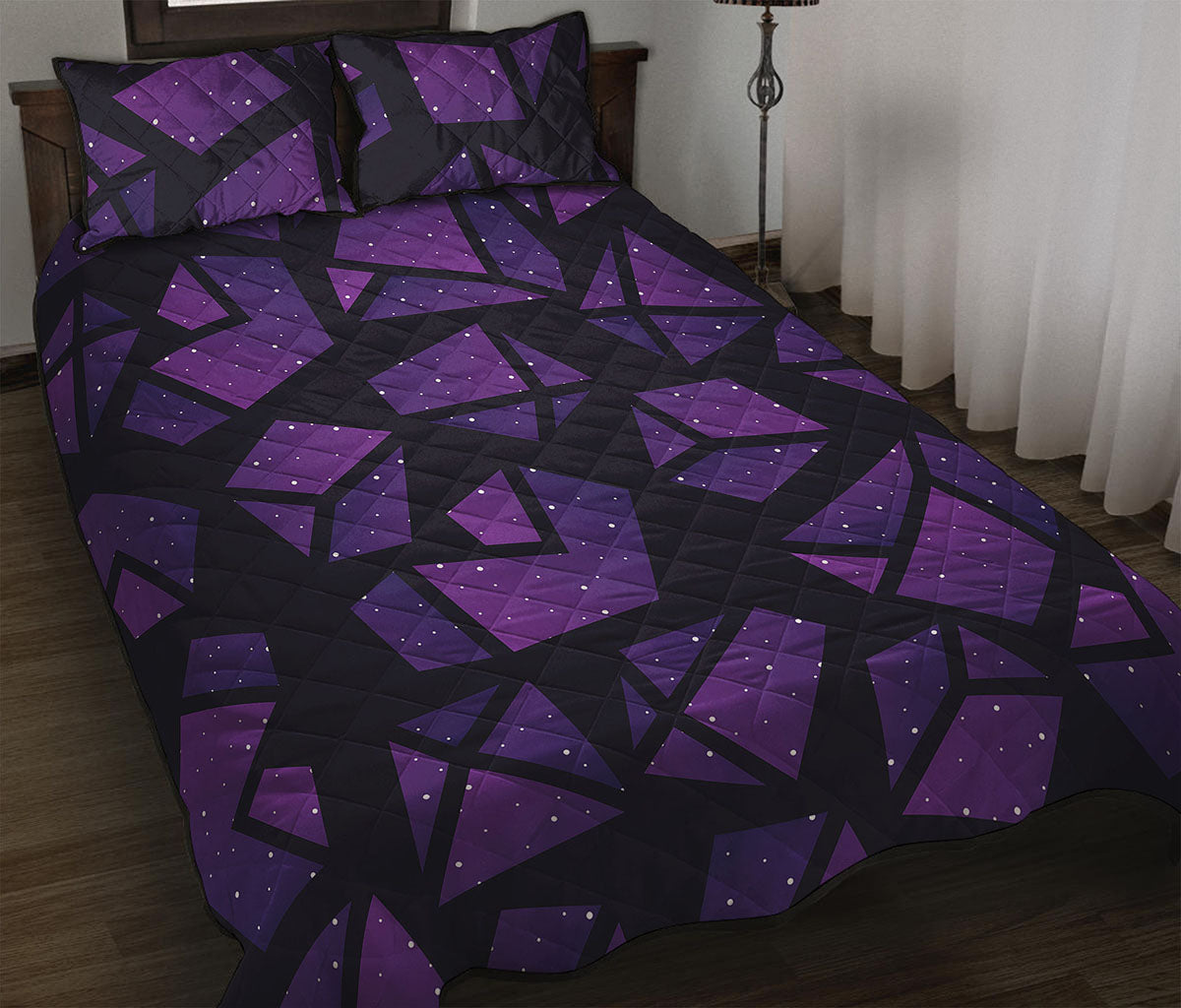 Purple Crystal Cosmic Galaxy Space Print Quilt Bed Set