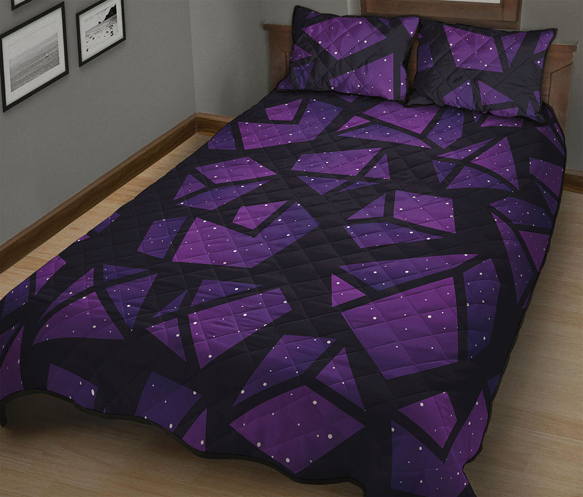 Purple Crystal Cosmic Galaxy Space Print Quilt Bed Set