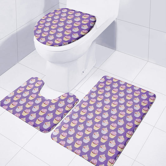 Purple Cupcake Pattern Print 3 Piece Bath Mat Set