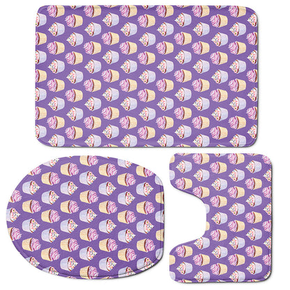 Purple Cupcake Pattern Print 3 Piece Bath Mat Set