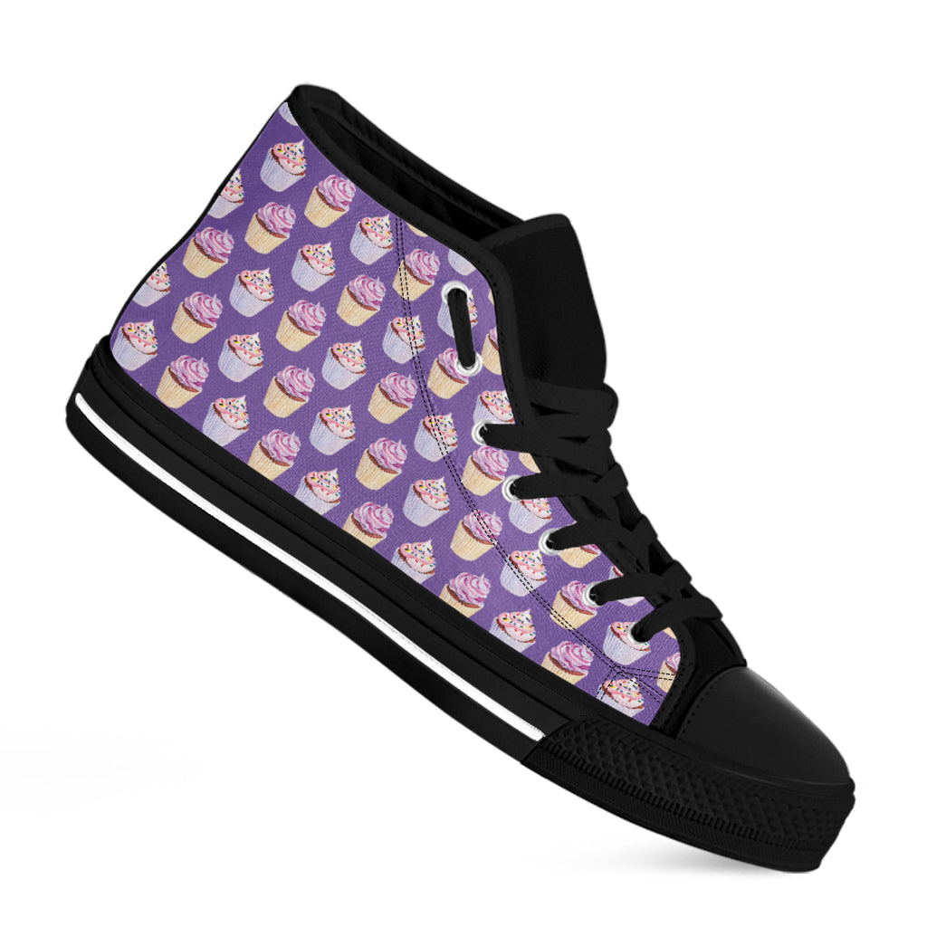 Purple Cupcake Pattern Print Black High Top Shoes