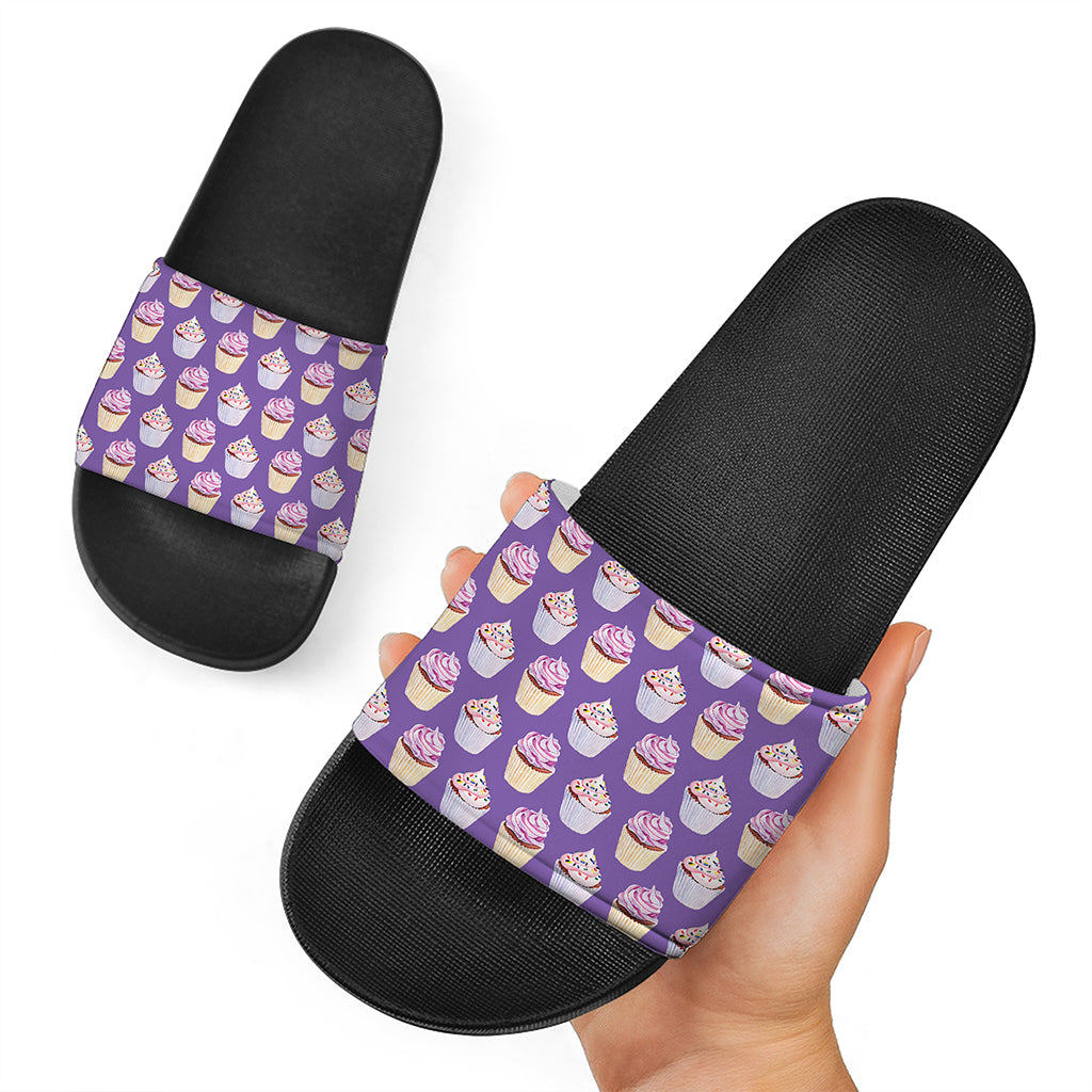 Purple Cupcake Pattern Print Black Slide Sandals