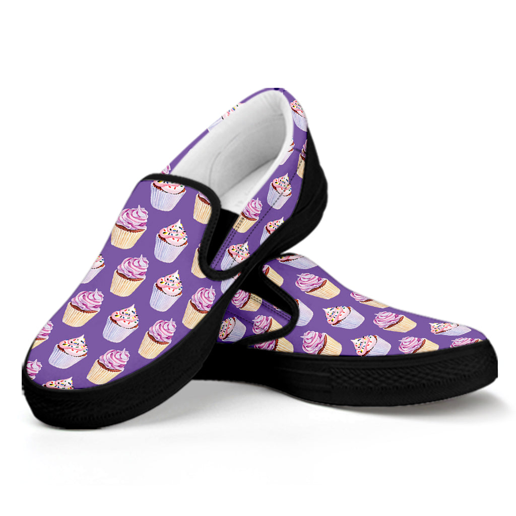 Purple Cupcake Pattern Print Black Slip On Shoes