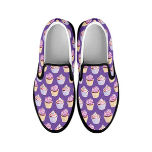 Purple Cupcake Pattern Print Black Slip On Shoes