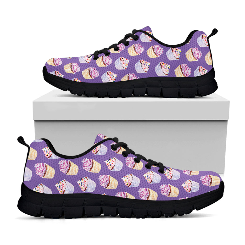 Purple Cupcake Pattern Print Black Sneakers