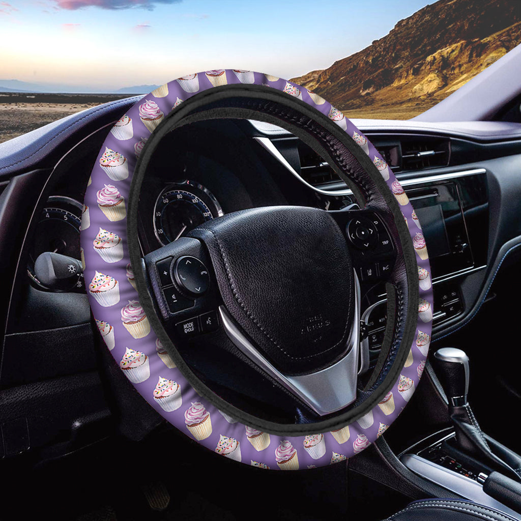 Purple Cupcake Pattern Print Car Steering Wheel Cover