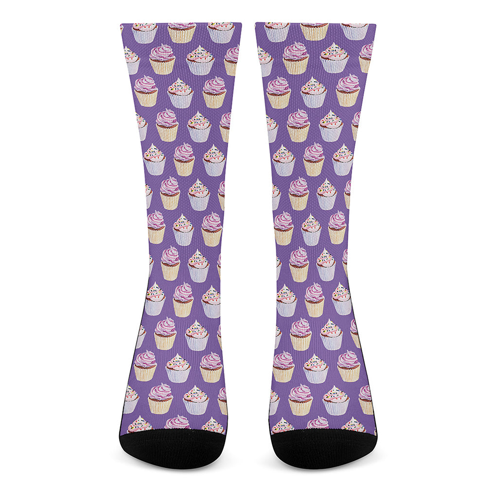 Purple Cupcake Pattern Print Crew Socks