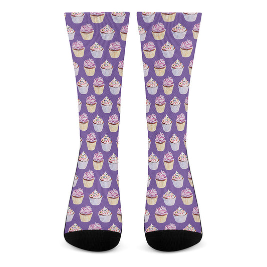 Purple Cupcake Pattern Print Crew Socks