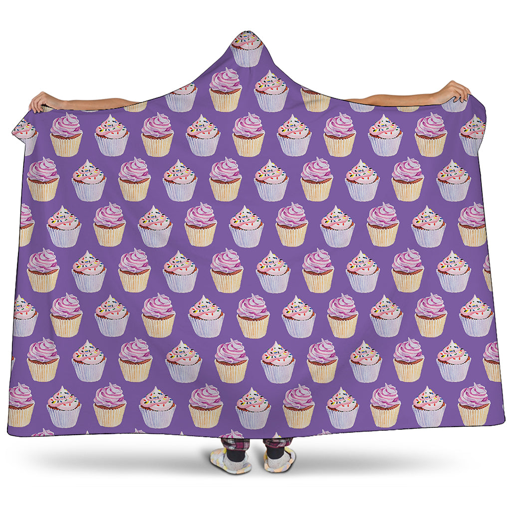 Purple Cupcake Pattern Print Hooded Blanket