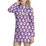 Purple Cupcake Pattern Print Hoodie Dress