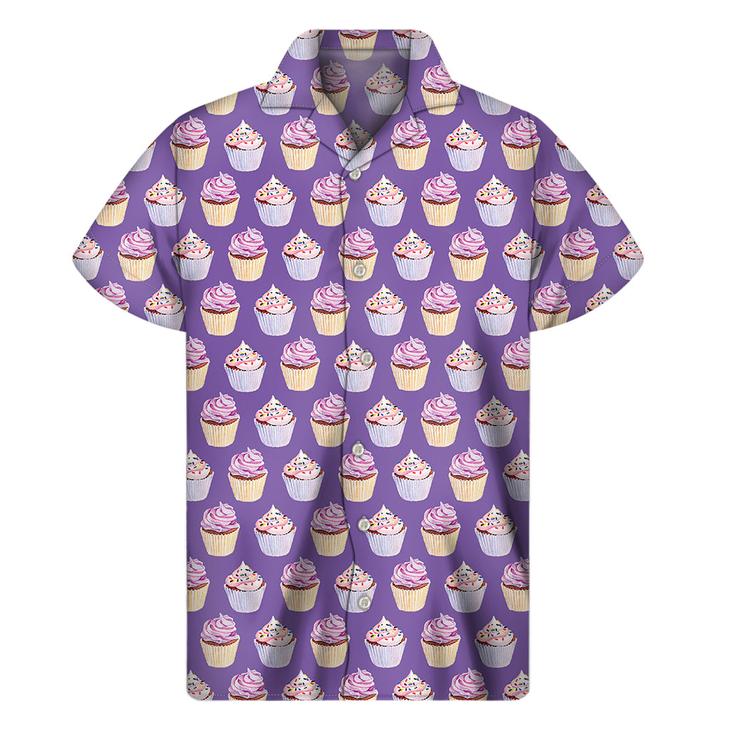 Purple Cupcake Pattern Print Men's Short Sleeve Shirt