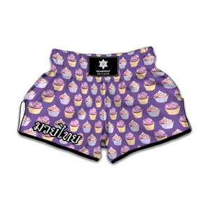 Purple Cupcake Pattern Print Muay Thai Boxing Shorts