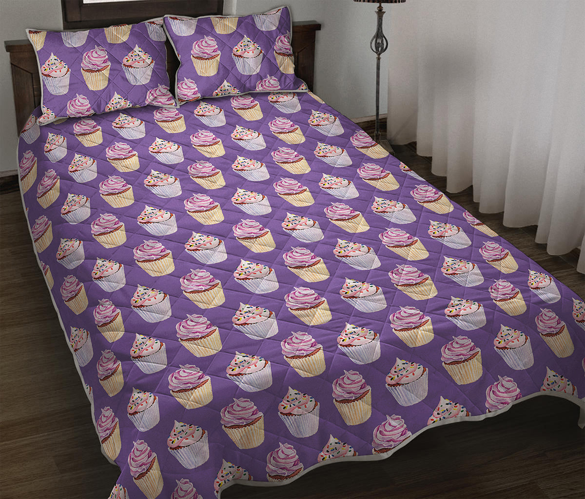 Purple Cupcake Pattern Print Quilt Bed Set