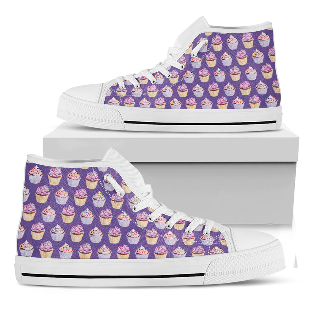 Purple Cupcake Pattern Print White High Top Shoes