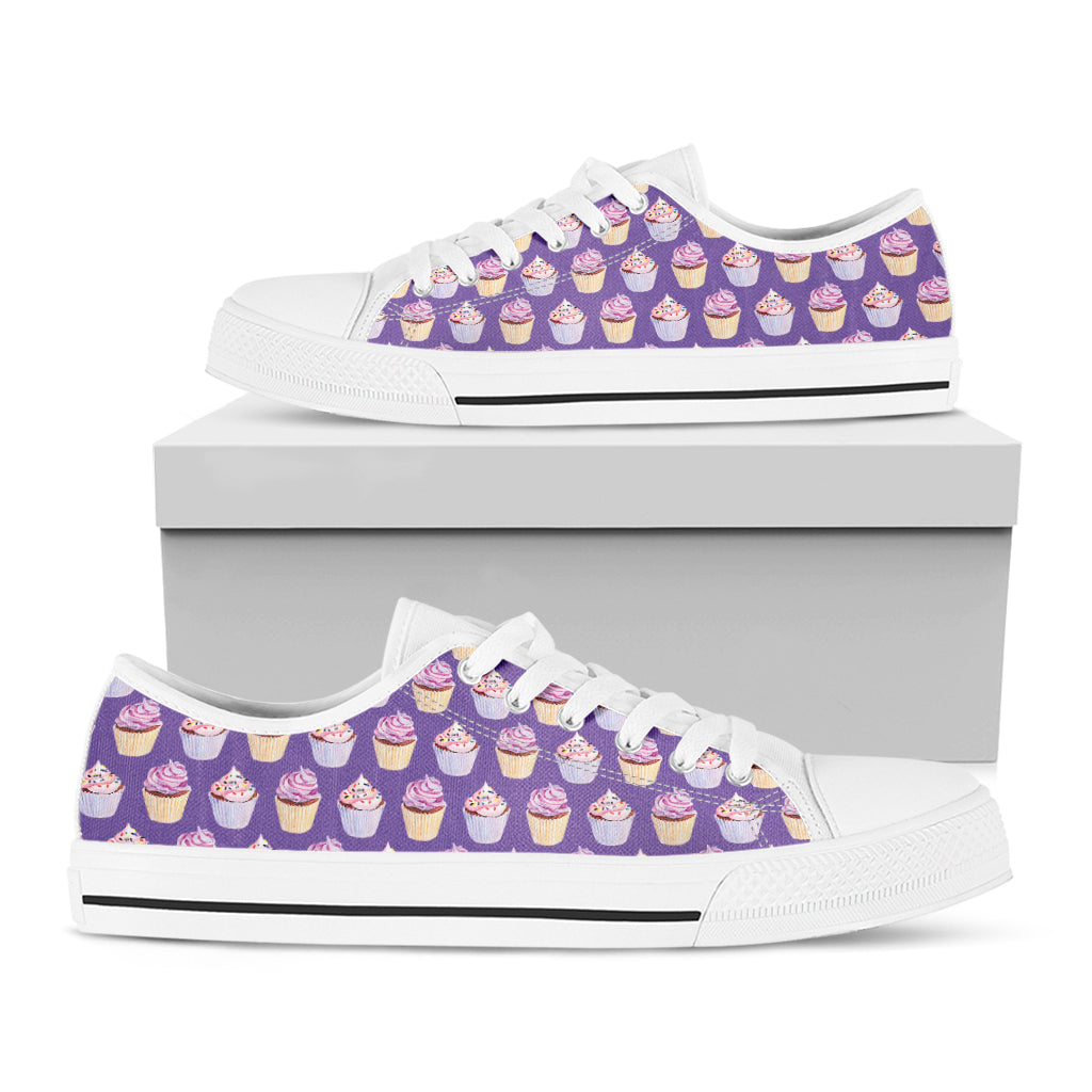 Purple Cupcake Pattern Print White Low Top Shoes