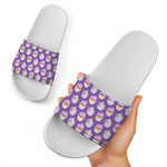 Purple Cupcake Pattern Print White Slide Sandals