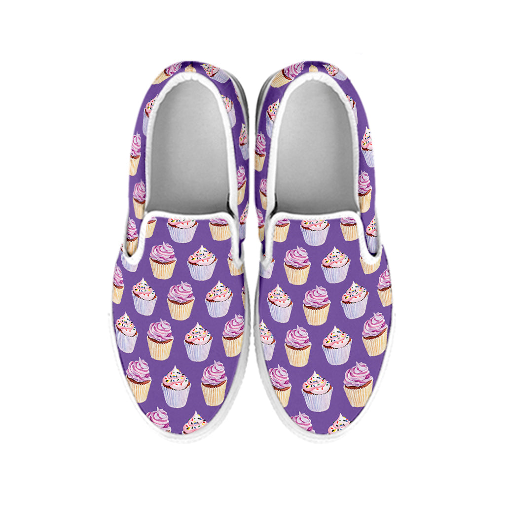 Purple Cupcake Pattern Print White Slip On Shoes