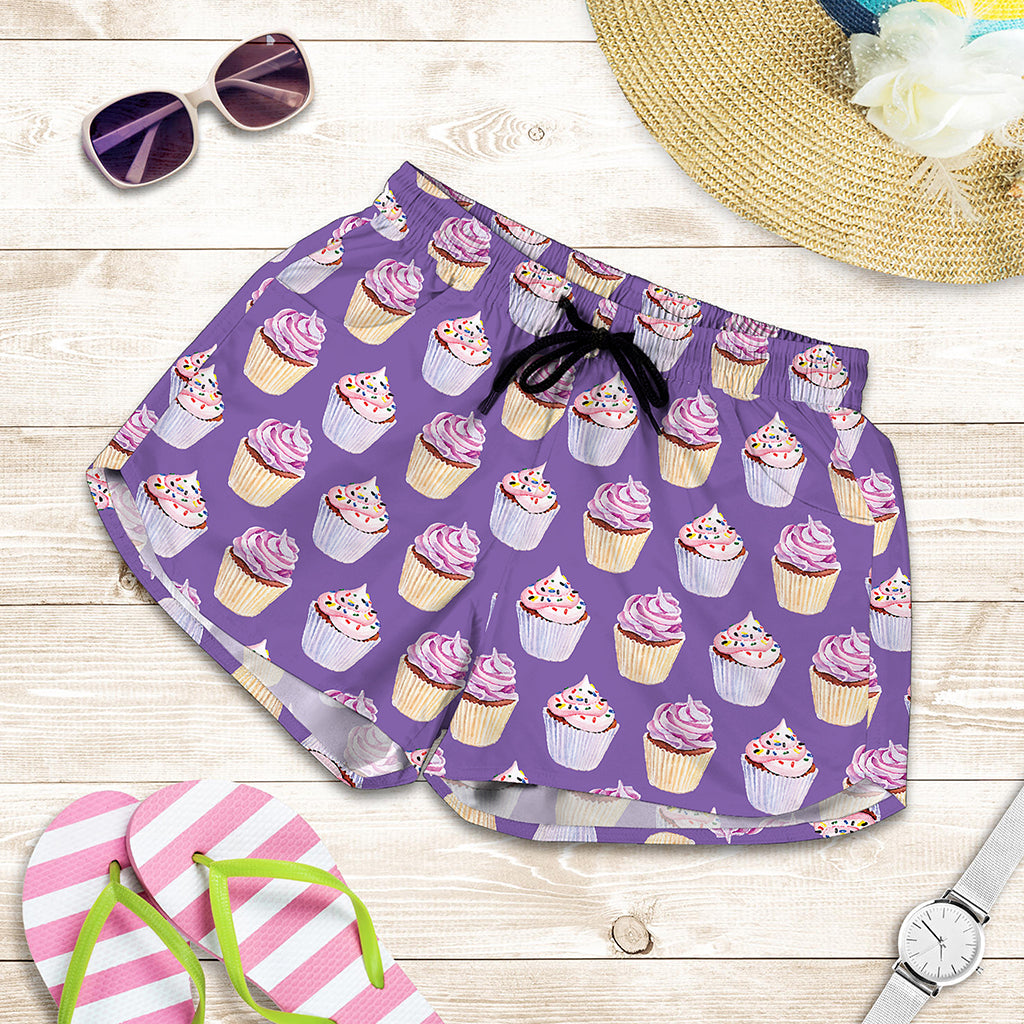 Purple Cupcake Pattern Print Women's Shorts