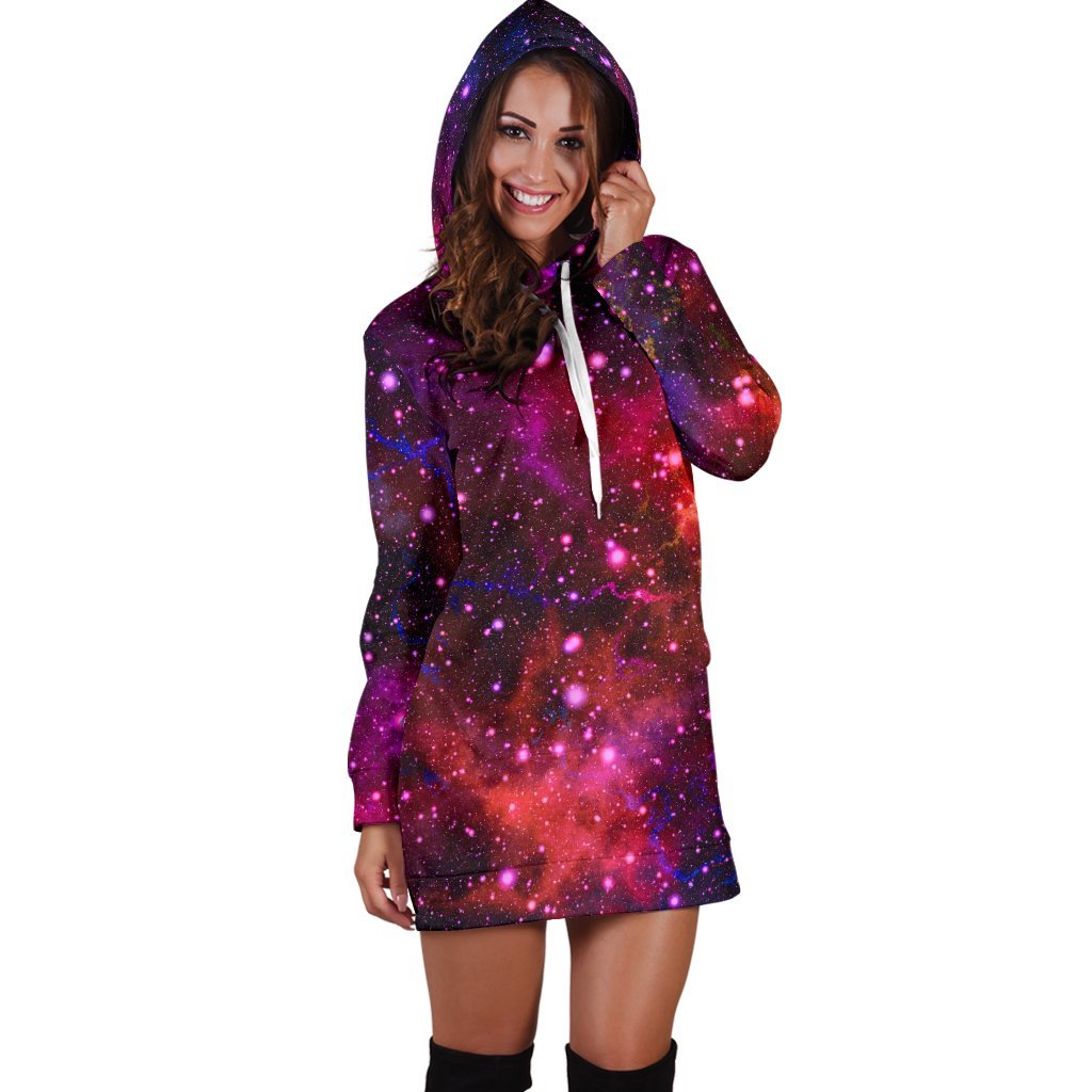 Purple Dark Galaxy Space Print Hoodie Dress GearFrost