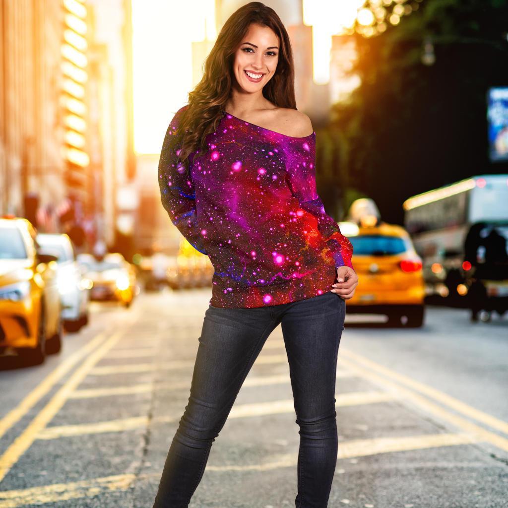 Purple Dark Galaxy Space Print Off Shoulder Sweatshirt GearFrost