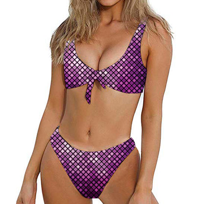 Purple Disco Lights Pattern Print Front Bow Tie Bikini