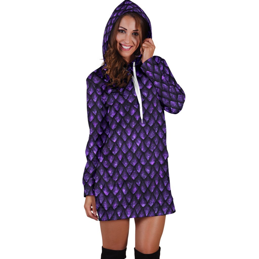 Purple Dragon Scales Pattern Print Hoodie Dress GearFrost