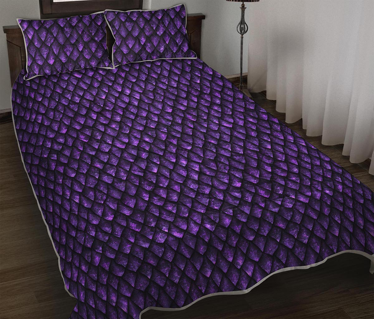 Purple Dragon Scales Pattern Print Quilt Bed Set